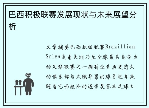 巴西积极联赛发展现状与未来展望分析