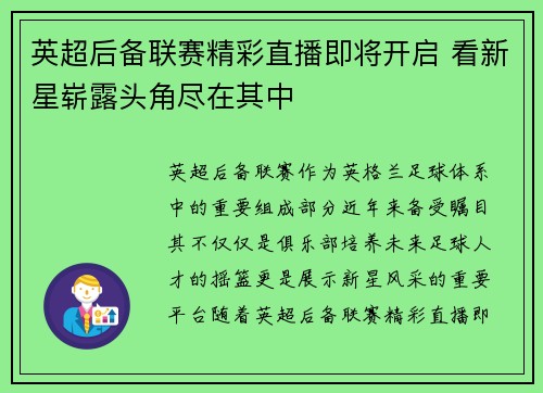 英超后备联赛精彩直播即将开启 看新星崭露头角尽在其中