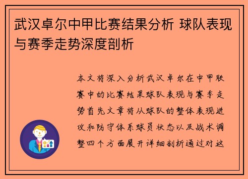 武汉卓尔中甲比赛结果分析 球队表现与赛季走势深度剖析