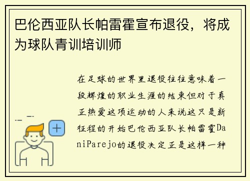 巴伦西亚队长帕雷霍宣布退役，将成为球队青训培训师